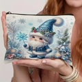 Blue Christmas elf linen zipper bag for cosmetics or stationery held in hands - Blue Outfit Dreamy Winter Snow Scene Gnome Style (TSND69-12)