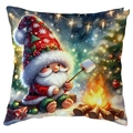Christmas pillow case featuring a cute elf roasting marshmallows by a snowy campfire - 45*45cm Short Plush Single Sided / Gnome Roasting Marshmallows (CDR386-15)