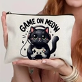 Close-up of canvas zipper pouch featuring a black cat gaming illustration and GAME ON MEOW text - Gamer Cat (TSND71-6) / 21.5x15cm