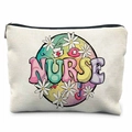 Trousse à maquillage en toile beige avec motif d'infirmière et fleurs colorées - Infirmière Cercle Marguerite (TSND37-4)