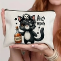 Dettaglio della pochette in tela bianca con stampa gatto pirata e chiusura a zip - Gatto Pirata (TSND71-1)