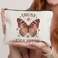 Cream canvas butterfly makeup bag with black zipper and Trust Your Visions slogan - Retro Multi-color Butterfly Slogan Style (TSND59-9)