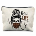 Cream canvas cosmetic bag with Nurse Life leopard print and stethoscope illustration - Leopard Glasses Nurse Life (TSND37-9)
