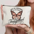 Beige canvas butterfly makeup bag with motivational quote and black zipper - Monarch Butterfly Inspirational English Text Style (TSND59-13)