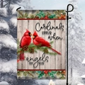 Detailed garden flag with cardinals and pine branches on a rustic gray wood background - Cardinals & Pinecones Wood Style (HYQ95-5)
