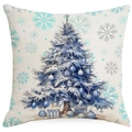 Detalle del patrón de árbol de Navidad en acuarela azul sobre funda de lino - Estilo Árbol de Navidad Azul (DYM399-2)