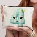 Cream canvas stationery pouch featuring a light blue checkered number 4 with smiley face - 21.5x15cm / Light Blue Number 4 (TSND48-4)