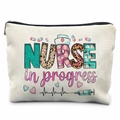 White canvas makeup bag for nurses with leopard print heart and medical icons - Nurse in Progress (TSND37-12)