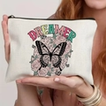 White canvas dreamer butterfly makeup bag with floral print and black zipper closure - Tsnd59-15 / 21.5*15cm High Density Linen
