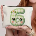 Canvas makeup bag with green checkered cartoon number print and black zipper closure - 21.5x15cm / Green Number 6 (TSND48-6)