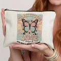 Beige canvas makeup bag with butterfly gratitude print and black zipper closure - Retro Butterfly Floral Inspirational Quote Style (TSND59-16)