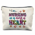 Beige canvas nurse makeup bag with NURSING IS A WORK OF HEART leopard print - Nursing is a Work of Heart (TSND37-15)