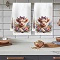 Set of two white kitchen towels featuring Highland cow and floral prints on a towel rack - Sunflower And Blue Bow Style (MJBT78-5) / Standard Large