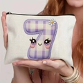 Cute white canvas pencil pouch featuring a purple checkered number 7 and floral print - 21.5x15cm / Purple Number 7 (TSND48-7)