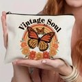 Vintage Soul canvas makeup bag featuring orange butterflies and floral print with zipper - Retro Orange Black Butterfly Floral Art Font Style (TSND59-17)