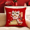 Detail of red Year of the Horse cushion with lion dance motif on a white sofa - 45*45cm Short Plush Double Sided Without Core / Cdr395-22