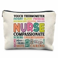 Beige canvas nurse makeup bag with colorful medical icons and black zipper closure - Nurse Career Titles Combination (TSND37-17)