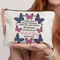 Canvas makeup bag with purple butterfly print and inspirational quote held by a model - Tsnd59-18 / 21.5*15cm High Density Linen