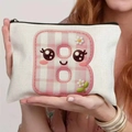 Canvas makeup bag with pink checkered letter B print and cute cartoon face detail - 21.5x15cm / Alphabet B Style (TSND48-B)