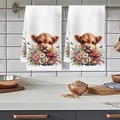 Set of two white kitchen towels featuring floral Highland cow prints for home decor - Daisy Butterfly Plaid Bow Style (MJBT78-13) / Standard Large