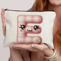 Canvas organizer bag with pink checkered letter E and cute cartoon daisy design - 21.5x15cm / Alphabet E Style (TSND48-E)