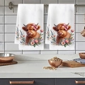 Two-pack white kitchen towels featuring highland cow and floral watercolor print - Watercolor Floral Pink Bow Style (MJBT78-16) / Standard Large