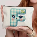 Canvas organizer bag featuring a cute checkered letter F embroidery with flower - 21.5x15cm / Alphabet F Style (TSND48-F)