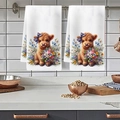 Two-piece white kitchen towels featuring highland cow prints with colorful spring flowers - Plaid Bow Spring Bouquet Style (MJBT78-17) / Standard Large