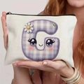 Canvas organizer bag with purple checkered letter G and cute daisy floral pattern - 21.5x15cm / Alphabet G Style (TSND48-G)