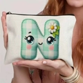 Canvas storage pouch featuring a creative letter N with green plaid and cute cartoon face - 21.5x15cm / Alphabet N Style (TSND48-N)