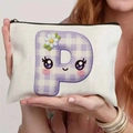 White canvas pouch with purple plaid letter P print and cute cartoon face design - 21.5x15cm / Alphabet P Style (TSND48-P)