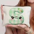 Beige cotton linen pencil case featuring a cute green checkered letter S patch design - 21.5x15cm / Alphabet S Style (TSND48-S)