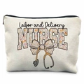 White linen Labor and Delivery Nurse makeup bag featuring floral stethoscope and bow design - Labor and Delivery Nurse Floral Text (TSND37-31)