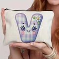 Cream canvas organizer pouch with cute purple letter M grid print and zipper - 21.5x15cm / Alphabet V Style (TSND48-V)