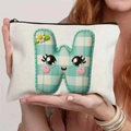 White canvas pouch with a checkered letter W and cute cartoon face design - 21.5x15cm / Alphabet W Style (TSND48-W)
