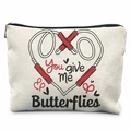Cute off-white canvas cosmetic bag for nurses with red heart print and black zipper - You Give Me Butterflies Heart (TSND37-39)