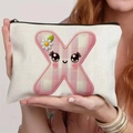 Canvas storage bag featuring a pink plaid cartoon letter X design with zipper closure - 21.5x15cm / Alphabet X Style (TSND48-X)