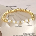 Vergoldetes Kupferperlenarmband mit weißen Muschelperlen und Kreuzanhänger für Damen - Weiße Runde Perle Stil / Kupferperlen + Künstliche Perle Armband