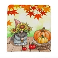 Herbst Kissenbezug mit Zwergen-Motiv, Sonnenblumenhut und Kürbis auf Leinenstoff - Gnom und Ahornkürbis (TYT92-7)