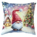 Housse de coussin carrée avec gnome de Noël et motif de maison sous la neige - 45*45cm Peluche Courte Simple Face / Gnome et Maison (CDR386-1)
