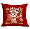 Square red cushion cover with cute cartoon horse and traditional Chinese New Year patterns - 45x45cm Short Velvet Double Sided With Insert / Scholar Success Horse (CDR396-4)
