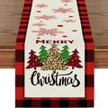 Kerst tafelloper met rood-zwart ruitpatroon, vijf kerstbomen en Merry Christmas tekst - 33*183cm / Buffalo Ruit Kerstbomen (ZQT71-1)