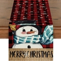 Kerst tafelloper met rood-zwart ruitpatroon en opdruk van sneeuwpop en witte vlokken - 33*183cm / Geruite Sneeuwpop (ZQT71-2)