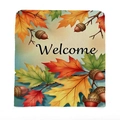Stuhlbezug aus Leinen mit Welcome-Schriftzug und herbstlichem Ahornblatt-Muster - Willkommen Ahorn Eichel (TYT92-13)