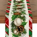 Kerst tafelloper met dennenappels, ornamenten en rood-groene geruite randen - 33*183cm / Rood Groen Geruit Dennenappels (ZQT71-3)