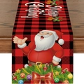 Kerst tafelloper met rood en zwart ruitjespatroon, Kerstman print en Merry Christmas tekst - 33*183cm / Kerstman met krans (ZQT71-5)