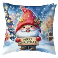 Square Christmas pillow case with cute gnome holding Merry Christmas sign in a snowy night - 45*45cm Short Plush Single Sided / Watercolor Gnome Christmas Sign (CDR386-9)
