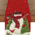 Kerst tafelloper met sneeuwpop en rode vogels op een donkere houten tafel - 33*183cm / Sneeuwpop en Rode Vogels (ZQT71-7)