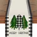 Kerst tafelloper met kerstboomprint en zwart geruite randen op een crème ondergrond - 33*183cm / Klassieke Geruite Kerstboom (ZQT71-9)