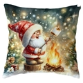 Christmas pillowcase featuring Santa roasting marshmallows by a campfire on a red background - 45*45cm Short Plush Single Sided / Santa Roasting Marshmallows (CDR386-13)